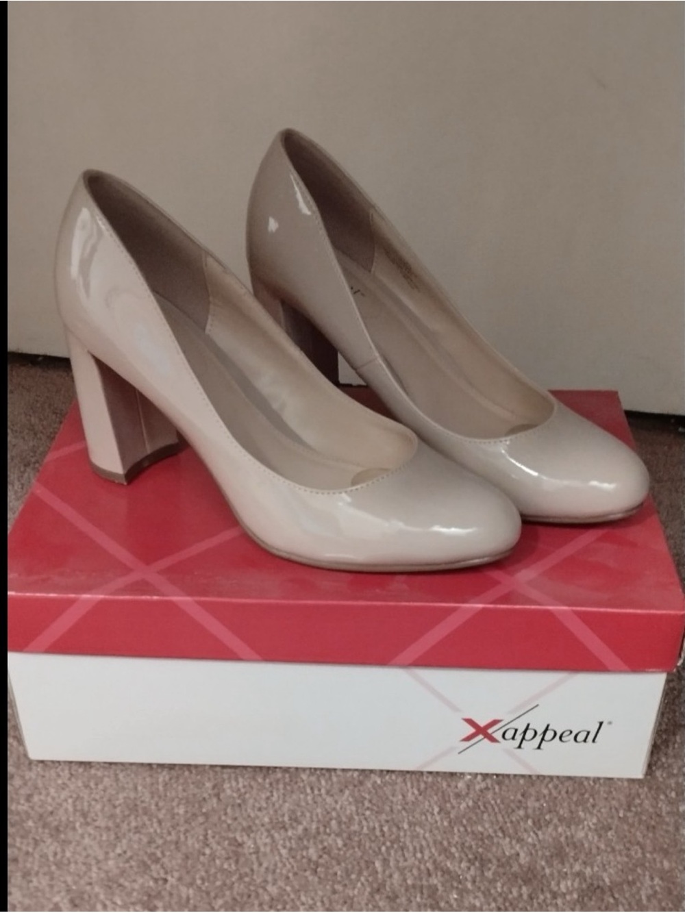 Xappeal Women's Patent Leather Block Heel Pumps in Nude